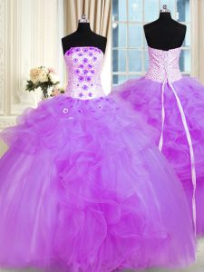 High Quality Purple Quinceanera Gown Military Ball and Sweet 16 and Quinceanera and For with Pick Ups and Hand Made Flower Strapless Sleeveless Lace Up
