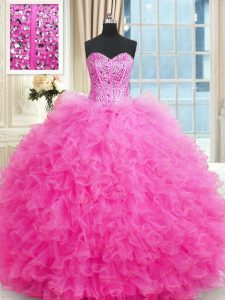 Hot Pink Lace Up Quince Ball Gowns Beading and Ruffles Sleeveless Floor Length