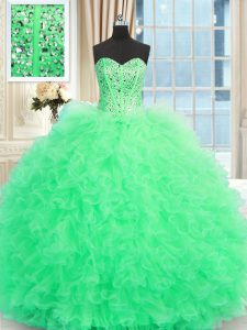 Captivating Apple Green Tulle Lace Up Court Dresses for Sweet 16 Sleeveless Floor Length Beading and Ruffles