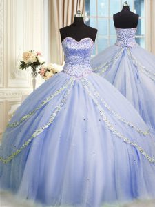 Beading and Appliques Ball Gown Prom Dress Lavender Zipper Sleeveless With Brush Train