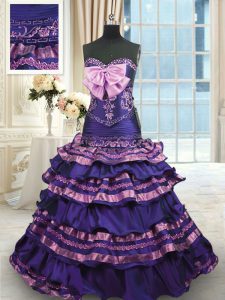 Dark Purple A-line Appliques and Ruffled Layers and Bowknot Quinceanera Dress Lace Up Taffeta Sleeveless With Train