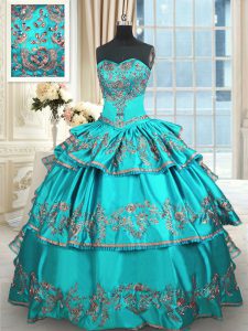 Elegant Aqua Blue Taffeta Lace Up Sweetheart Sleeveless Floor Length Quinceanera Gown Embroidery and Ruffled Layers