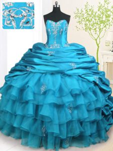 Lovely Sleeveless Organza and Taffeta With Brush Train Lace Up Casual Dresses in Teal with Beading and Appliques and Ruffled Layers and Pick Ups