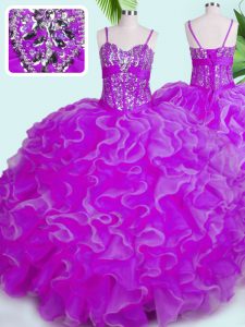 Captivating Fuchsia Sleeveless Beading and Ruffles Floor Length Sweet 16 Dresses