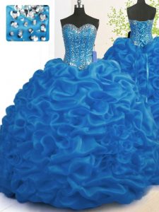 Lovely Beading and Ruffles 15th Birthday Dress Royal Blue Lace Up Sleeveless With Brush Train