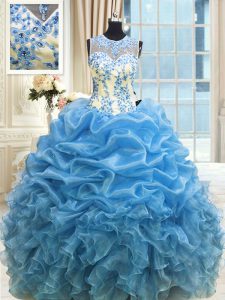 Baby Blue Ball Gowns Organza Scoop Sleeveless Beading and Ruffles Floor Length Zipper 15 Quinceanera Dress