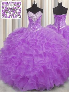 Halter Top Purple Sleeveless Organza Lace Up Quinceanera Dresses for Military Ball and Sweet 16 and Quinceanera