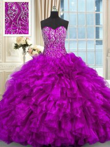 Eye-catching Purple Sweetheart Lace Up Beading and Ruffles Dama Dress for Quinceanera Brush Train Sleeveless