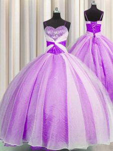 Organza Spaghetti Straps Sleeveless Lace Up Beading and Sequins and Ruching Quinceanera Gown in Lilac