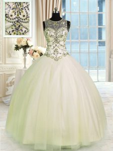 Custom Fit Scoop Floor Length Ball Gowns Sleeveless Champagne Quinceanera Gowns Lace Up