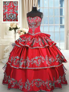 Affordable Red Taffeta Lace Up Sweet 16 Quinceanera Dress Sleeveless Floor Length Embroidery and Ruffled Layers