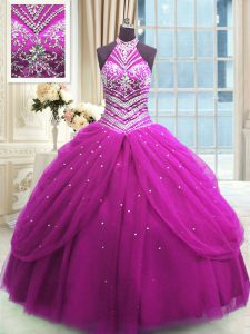 Custom Fit Fuchsia Lace Up Quinceanera Gowns Beading Sleeveless Floor Length