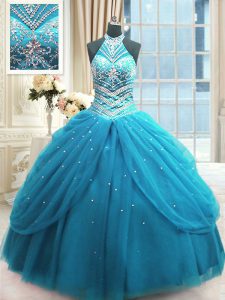 Sweet Baby Blue Tulle Lace Up Quince Ball Gowns Sleeveless Floor Length Beading