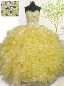 Light Yellow Sweetheart Neckline Beading and Ruffles and Pick Ups Quince Ball Gowns Sleeveless Lace Up