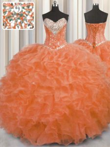 Sleeveless Floor Length Beading and Ruffles Lace Up 15 Quinceanera Dress with Orange Red