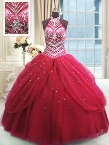 Flirting Red High-neck Neckline Beading Quince Ball Gowns Sleeveless Lace Up