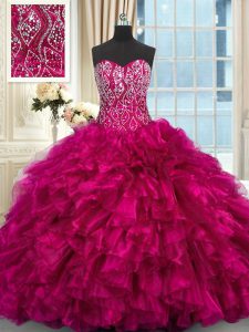 Sleeveless Beading and Ruffles Lace Up Ball Gown Prom Dress with Fuchsia Brush Train