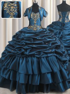 Beautiful Pick Ups Brush Train Ball Gowns Vestidos de Quinceanera Navy Blue Sweetheart Taffeta Sleeveless With Train Lace Up