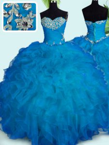 Noble Blue 15 Quinceanera Dress Military Ball and Sweet 16 and Quinceanera and For with Beading and Ruffles Sweetheart Sleeveless Lace Up