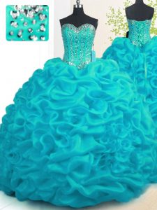 Discount Organza Sweetheart Sleeveless Brush Train Lace Up Beading and Ruffles Quinceanera Dress in Aqua Blue