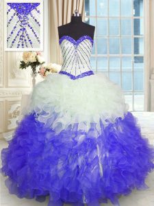 Artistic Blue And White Ball Gowns Sweetheart Sleeveless Organza Floor Length Lace Up Beading and Ruffles Quinceanera Dama Dress