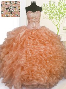 Orange Organza Lace Up Sweetheart Sleeveless Floor Length Quinceanera Dress Beading and Ruffles and Pick Ups