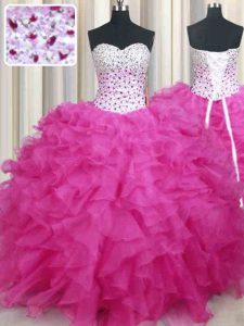 Designer Floor Length Hot Pink 15th Birthday Dress Halter Top Sleeveless Lace Up