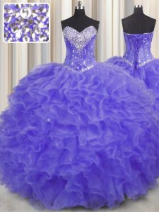 Hot Sale Lavender Organza Lace Up Sweetheart Sleeveless Floor Length 15th Birthday Dress Beading and Ruffles