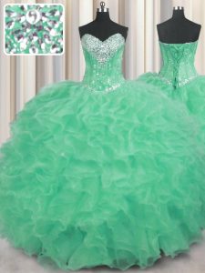 Apple Green Organza Lace Up Quinceanera Dress Sleeveless Floor Length Beading and Ruffles