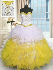 Yellow And White Organza Lace Up Sweetheart Sleeveless Floor Length Sweet 16 Dress Beading and Ruffles