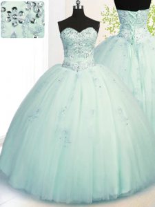 Romantic Floor Length Apple Green Quince Ball Gowns Tulle Sleeveless Beading and Appliques