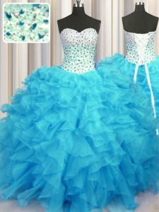 Baby Blue Sweetheart Neckline Beading and Ruffles 15 Quinceanera Dress Sleeveless Lace Up