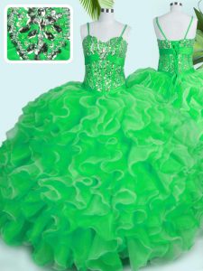High Quality Organza Spaghetti Straps Sleeveless Lace Up Beading and Ruffles Quince Ball Gowns in Green