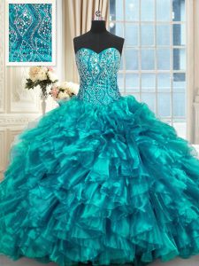 Decent Sleeveless Brush Train Beading and Ruffles Lace Up Ball Gown Prom Dress