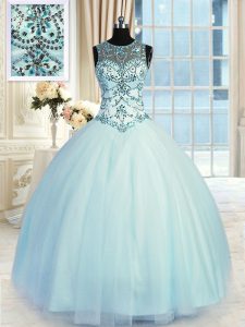 Light Blue Scoop Lace Up Beading Quinceanera Dresses Sleeveless
