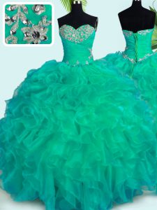 On Sale Turquoise Sleeveless Organza Lace Up Quinceanera Gowns for Military Ball and Sweet 16 and Quinceanera