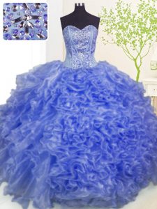 Vintage Blue Ball Gowns Sweetheart Sleeveless Organza Floor Length Lace Up Beading and Ruffles and Pick Ups Quinceanera Gowns