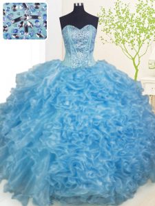 Stunning Sleeveless Organza Floor Length Lace Up Quinceanera Gowns in Baby Blue with Beading and Ruffles and Pick Ups