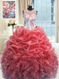 Fine Scoop Floor Length Zipper Sweet 16 Dresses Watermelon Red for Military Ball and Sweet 16 and Quinceanera with Beading and Ruffles