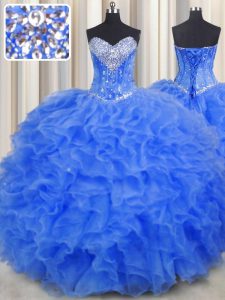 Royal Blue Lace Up Sweetheart Beading and Ruffles 15th Birthday Dress Organza Sleeveless