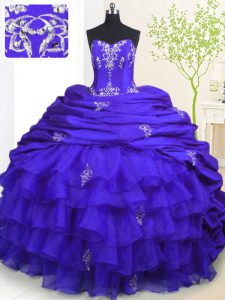 Fine Royal Blue Sleeveless With Train Beading and Appliques and Ruffled Layers and Pick Ups Lace Up Quinceanera Dress