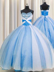 Spaghetti Straps Floor Length Lace Up Sweet 16 Dress Baby Blue for Military Ball and Sweet 16 and Quinceanera with Beading and Sequins and Ruching
