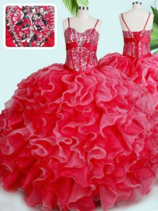 Smart Red Sleeveless Organza Lace Up Quinceanera Gown for Military Ball and Sweet 16 and Quinceanera