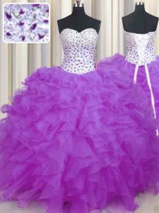 Customized Lilac Ball Gowns Organza Sweetheart Sleeveless Beading and Ruffles Floor Length Lace Up 15 Quinceanera Dress