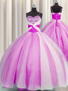 Eye-catching Spaghetti Straps Fuchsia Ball Gowns Beading and Sequins and Ruching Quinceanera Dresses Lace Up Organza Sleeveless Floor Length