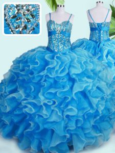 Decent Baby Blue Ball Gowns Organza Spaghetti Straps Sleeveless Beading and Ruffles Floor Length Lace Up 15 Quinceanera Dress