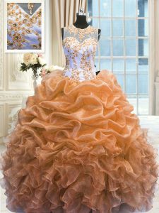 Scoop Orange Organza Zipper 15th Birthday Dress Sleeveless Floor Length Beading and Ruffles