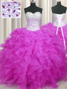 Fuchsia Organza Lace Up Sweetheart Sleeveless Floor Length Sweet 16 Quinceanera Dress Beading and Ruffles
