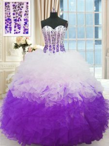 Cheap Beading and Ruffles Sweet 16 Quinceanera Dress White And Purple Lace Up Sleeveless Floor Length