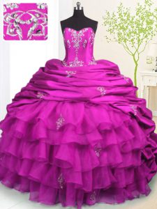 Fuchsia Sleeveless With Train Beading and Appliques and Ruffled Layers and Pick Ups Lace Up Quince Ball Gowns
